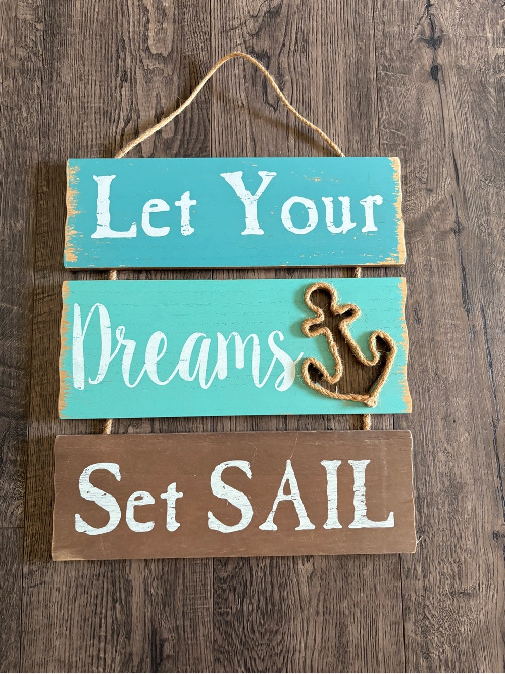 Coastal 'Let Your Dreams Set Sail' Hanging Wall Sign - Turquoise & Brown